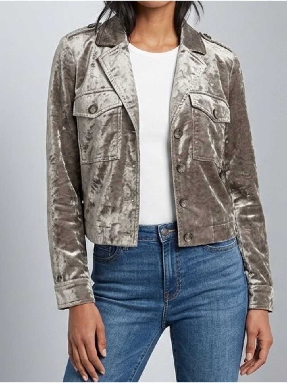 Cabi Sunday Topper Crushed Velvet Jacket Gray Metallic Cropped Velour #3377